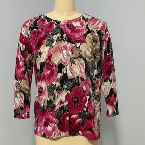 Alfred Dunner Pink and Black Floral Button Down Sweater SZS.